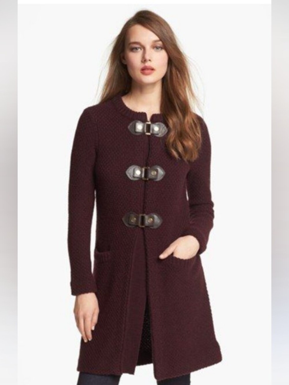 Tory Burch Wool Wine Toggle Knit Long Cardigan